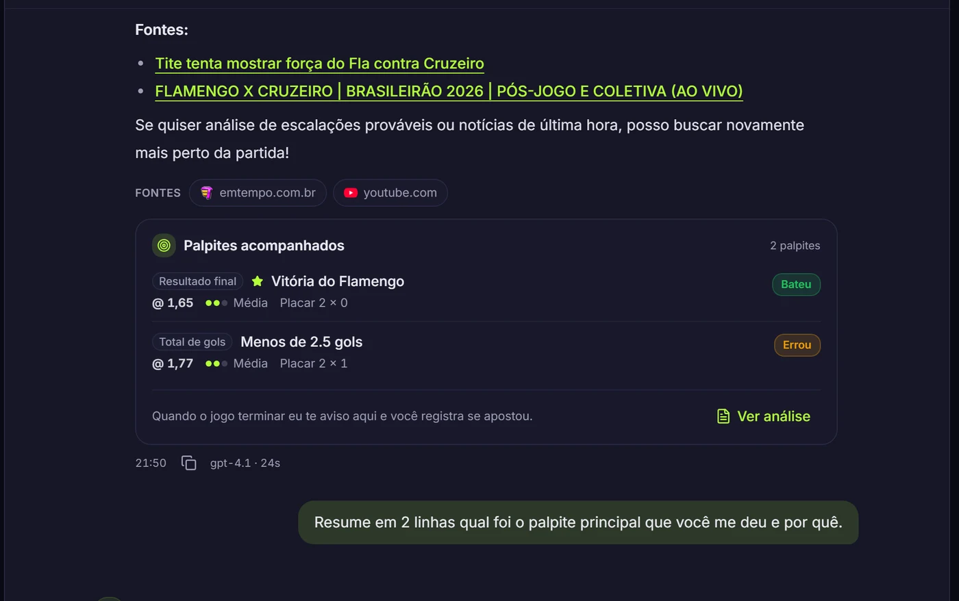 Conversa de análise no Forbet.ai com fontes citadas e palpites sugeridos
