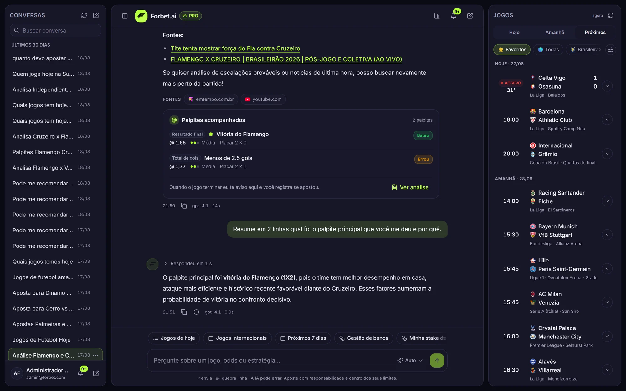 Chat do Forbet.ai com análise de jogo, palpites acompanhados e lista de jogos ao vivo