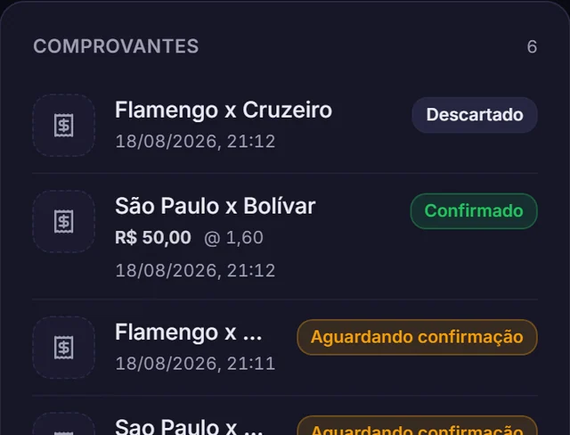 Lista de comprovantes de aposta enviados, com valor, odd e status de confirmação