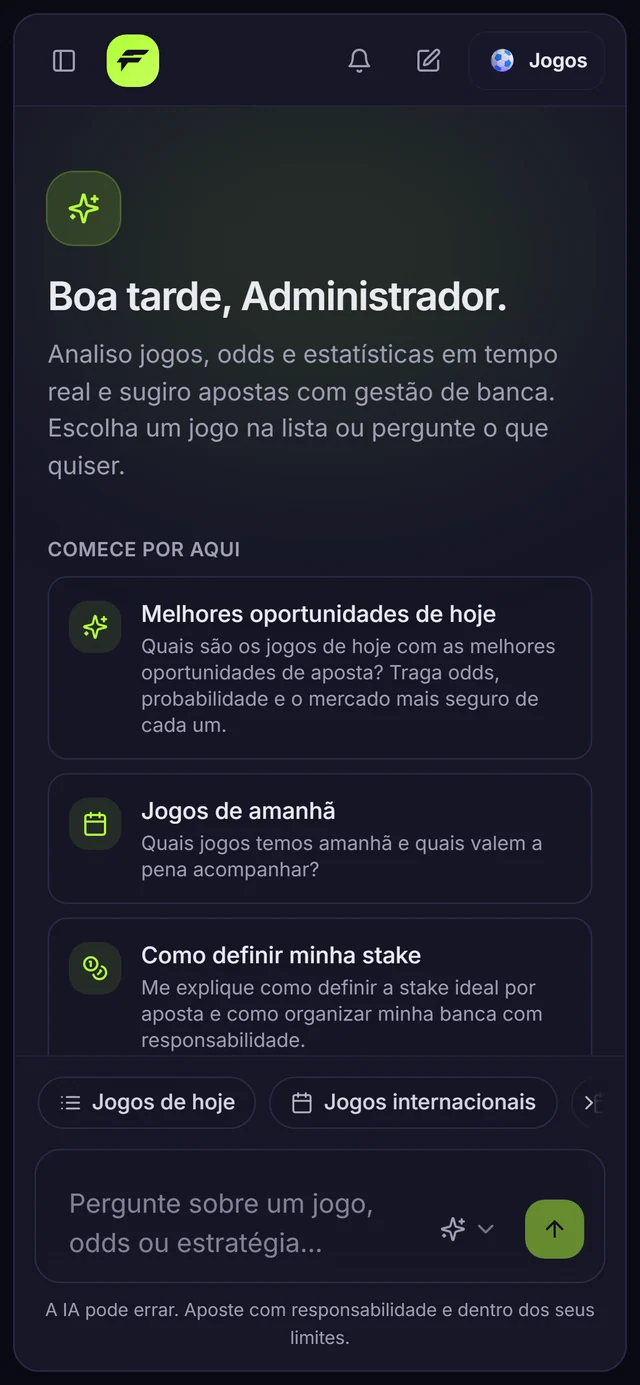 Forbet.ai no celular, com saudação, atalhos de análise e campo de pergunta