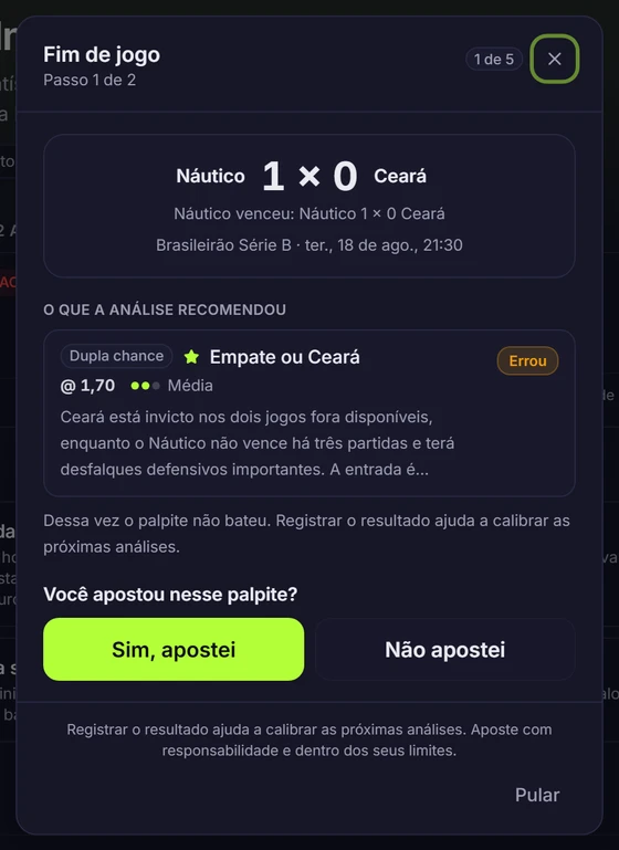 Aviso de fim de jogo perguntando se você apostou no palpite, com o placar e o que a análise recomendou